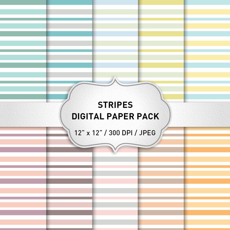 May include: A digital paper pack with 10 different striped patterns in various pastel colors. Each pattern is 12 inches by 12 inches and 300 DPI. The text "STRIPES DIGITAL PAPER PACK" is in a white banner with a silver border.