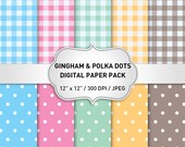 Gingham Digital Paper, Gingham Pattern Paper, Gingham Backgrounds, Polka Dots Digital Paper, Digital Scrapbooking, Digital Paper Pack