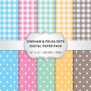 Gingham Digital Paper, Gingham Pattern Paper, Gingham Backgrounds, Polka Dots Digital Paper, Digital Scrapbooking, Digital Paper Pack