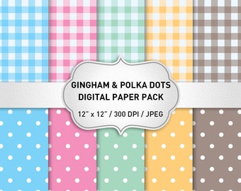 Gingham Digital Paper, Gingham Pattern Paper, Gingham Backgrounds, Polka Dots Digital Paper, Digital Scrapbooking, Digital Paper Pack