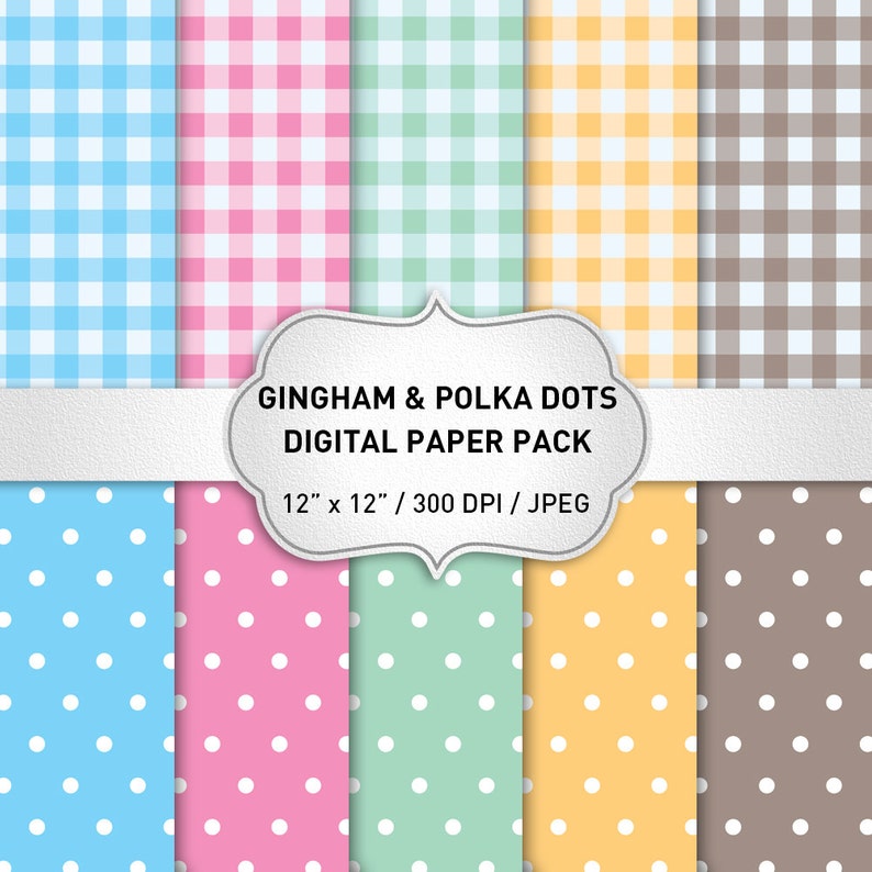 Puede incluir: Un paquete de papel digital con 10 patrones diferentes. Los patrones incluyen cuadros y lunares en azul, rosa, verde, amarillo y marr&oacute;n. El papel mide 30,48 cm por 30,48 cm y 300 DPI.