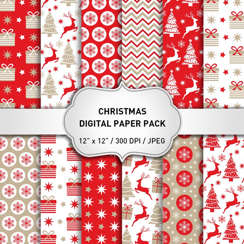 Christmas Digital Paper Red Christmas Digital Papers with Deers Snowflakes Trees, Christmas Background, Holiday Digital Paper Commercial Use image 1