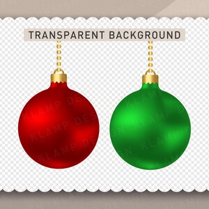 以下が含まれることがあります： 金色のチェーンから吊るされたクリスマスオーナメントが2つ。左側のオーナメントは赤色で、右側のオーナメントは緑色です。