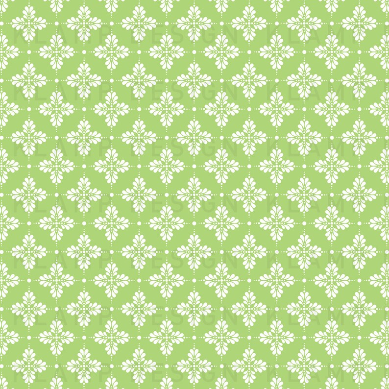 May include: A seamless pattern featuring a repeating design of white stylized floral motifs on a light green background.