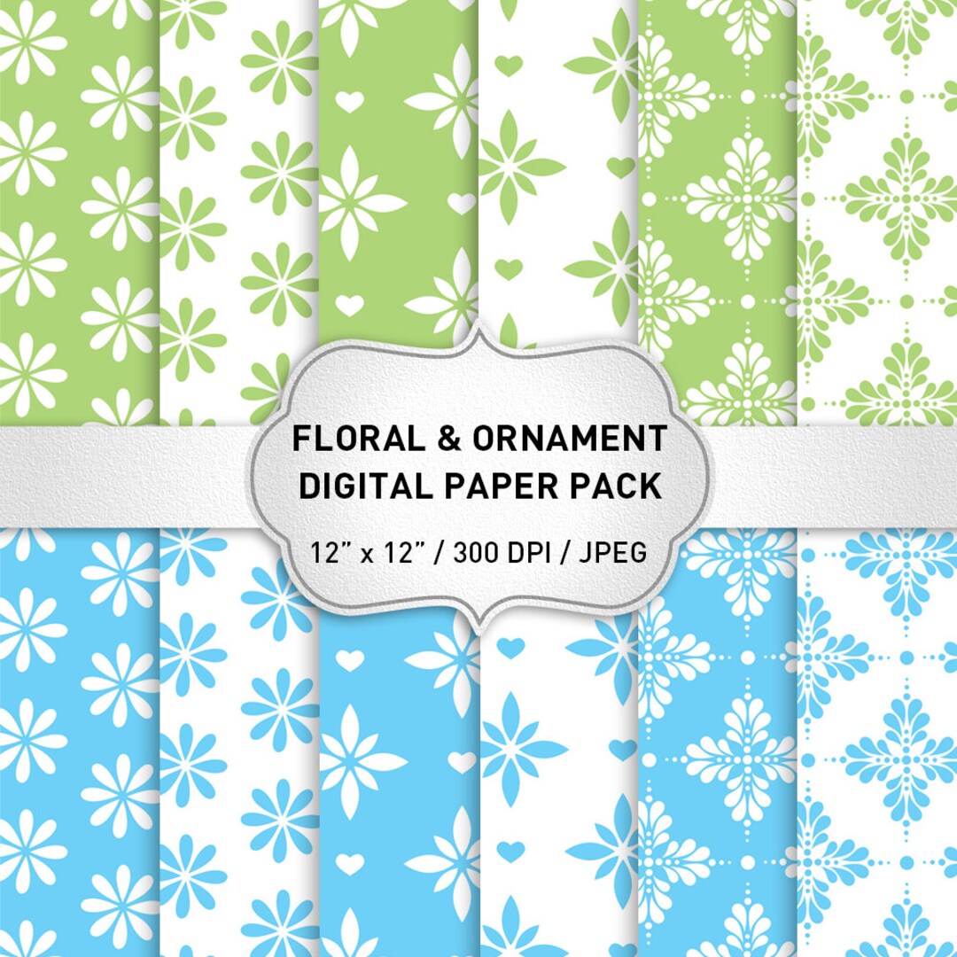 Blue Digital Paper, Green Digital Paper, Floral Digital Paper, Ornament