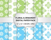 Blue Digital Paper, Green Digital Paper, Floral Digital Paper, Ornament Digital Paper, Digital Paper Pack, Scrapbook Paper Pack