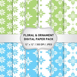 May include: A digital paper pack with 8 different patterns. The patterns are floral and ornamental. The patterns are in green, blue, and white. The paper pack is 12 inches by 12 inches and 300 DPI. The paper pack is in JPEG format.