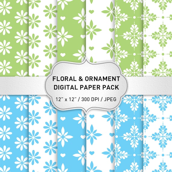 Blue Digital Paper, Green Digital Paper, Floral Digital Paper, Ornament Digital Paper, Digital Paper Pack, Scrapbook Paper Pack