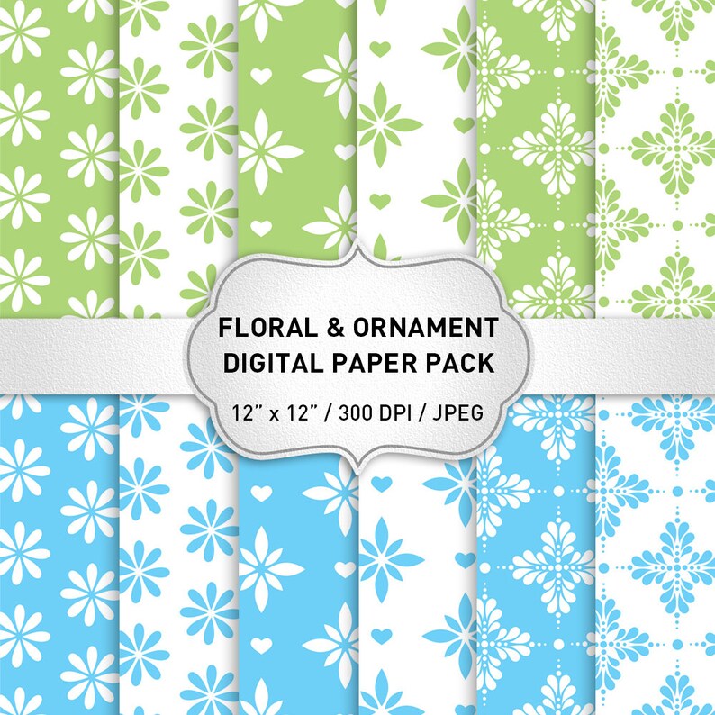 May include: A digital paper pack with 8 different patterns. The patterns are floral and ornamental. The patterns are in green, blue, and white. The paper pack is 12 inches by 12 inches and 300 DPI. The paper pack is in JPEG format.