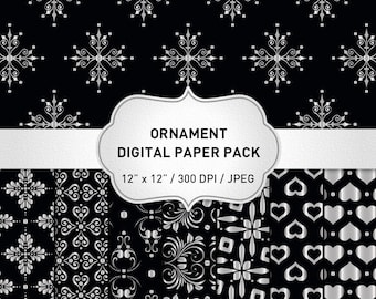 Black and Silver Digital Paper, Elegant Digital Paper Pack, Instant Download, Black and Silver Foil Floral Printables