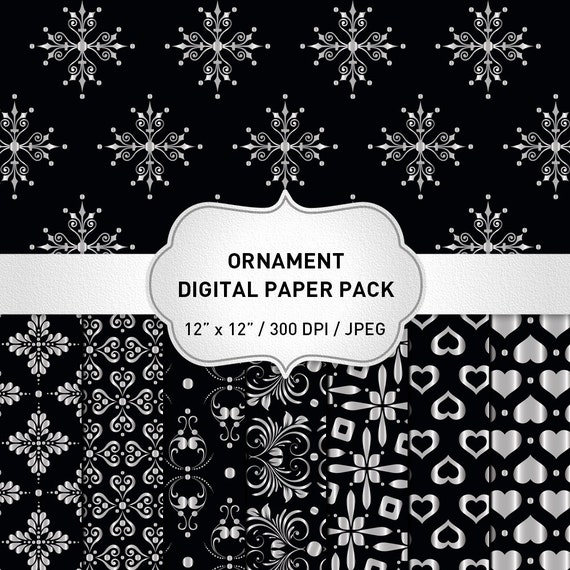 Black and Silver Digital Paper, Elegant Digital Paper Pack, Instant Download, Black and Silver Foil Floral Printables