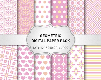 Pink Digital Paper Pack, Pink Digital Paper, Pink Backgrounds, Geometric Digital Paper, Scrapbook Paper Pack, Digital Scrapbook