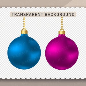 以下が含まれることがあります： 透明な背景に、金色のチェーンから吊り下げられたクリスマスオーナメントが2つあります。左側のオーナメントは青色で、右側のオーナメントはピンク色です。