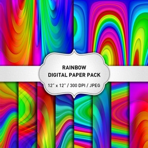 May include: A collection of digital paper with a rainbow theme. Each sheet features a vibrant, swirling pattern in shades of red, orange, yellow, green, blue, and purple. The pack is 12 x 12 inches and includes a variety of colorful designs.