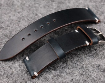 Horween Chromexcel Navy Unlined Side Stitch Leather Watch Strap