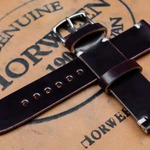 Horween Shell Cordovan Colour 8 Burgundy Unlined Side Stitch Leather Watch Strap