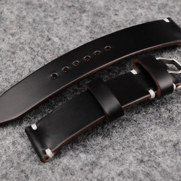 Horween Chromexcel Black Unlined Side Stitch Leather Watch Strap