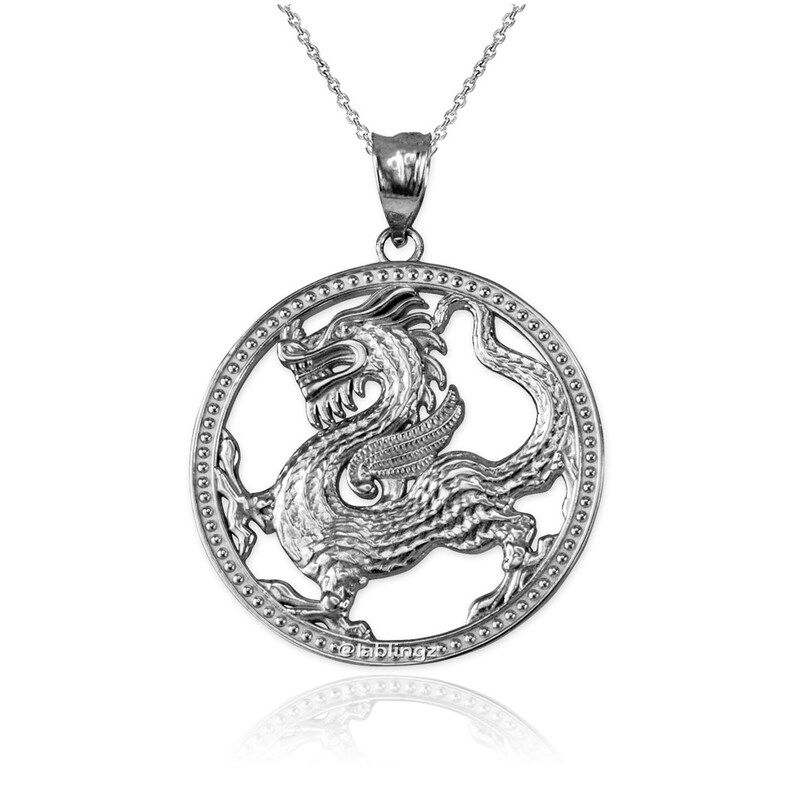 Gold Chinese Dragon Open Medallion Pendant Necklace yellow, white, rose gold, 10k, 14k