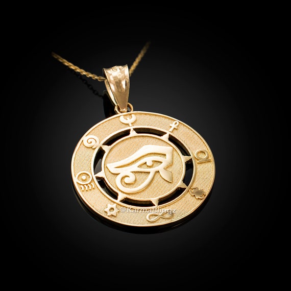 14k Yellow Gold Egyptian Protect Eye of Horus Turquoise Stone Pendant Necklace