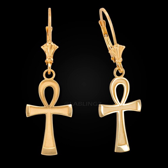 14K Yellow Gold Ancient Egyptian Ankh Cross Drop/Dangle Leverback Earrings