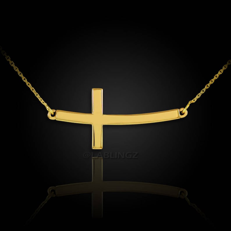 14K Solid Gold Sideways Curved Cross Necklace yellow white ...