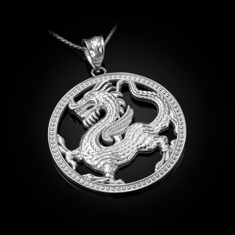 Gold Chinese Dragon Open Medallion Pendant Necklace yellow, white, rose gold, 10k, 14k
