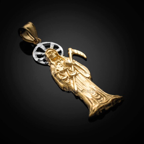 Gold Santa Muerte Pendant Yellow White Rose 10k 14k - 10k Gold Santa Muerte Pendant