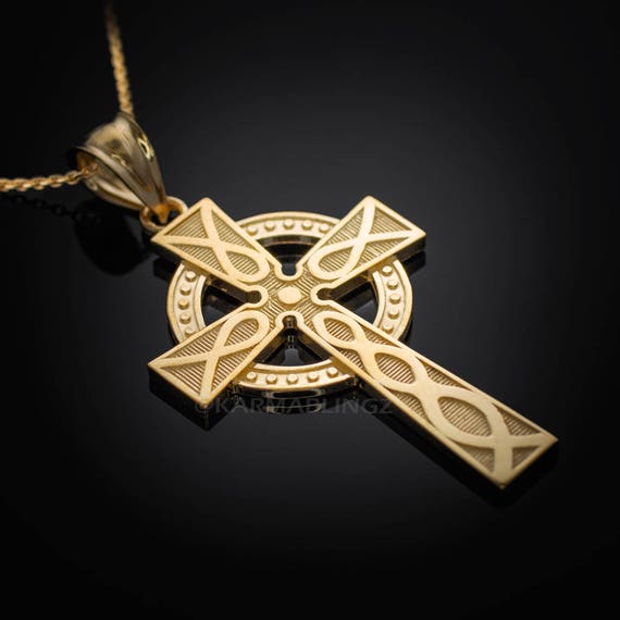 Real 10K Yellow Gold Celtic Spiral cross Pendant Necklaces For Unisex