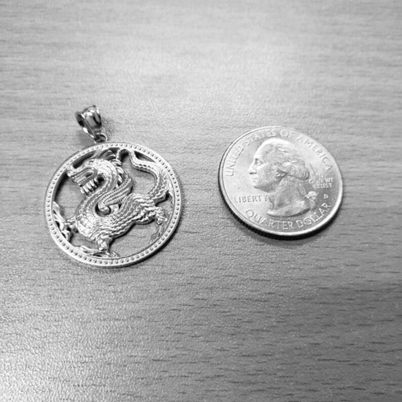 Gold Chinese Dragon Open Medallion Pendant Necklace yellow, white, rose gold, 10k, 14k