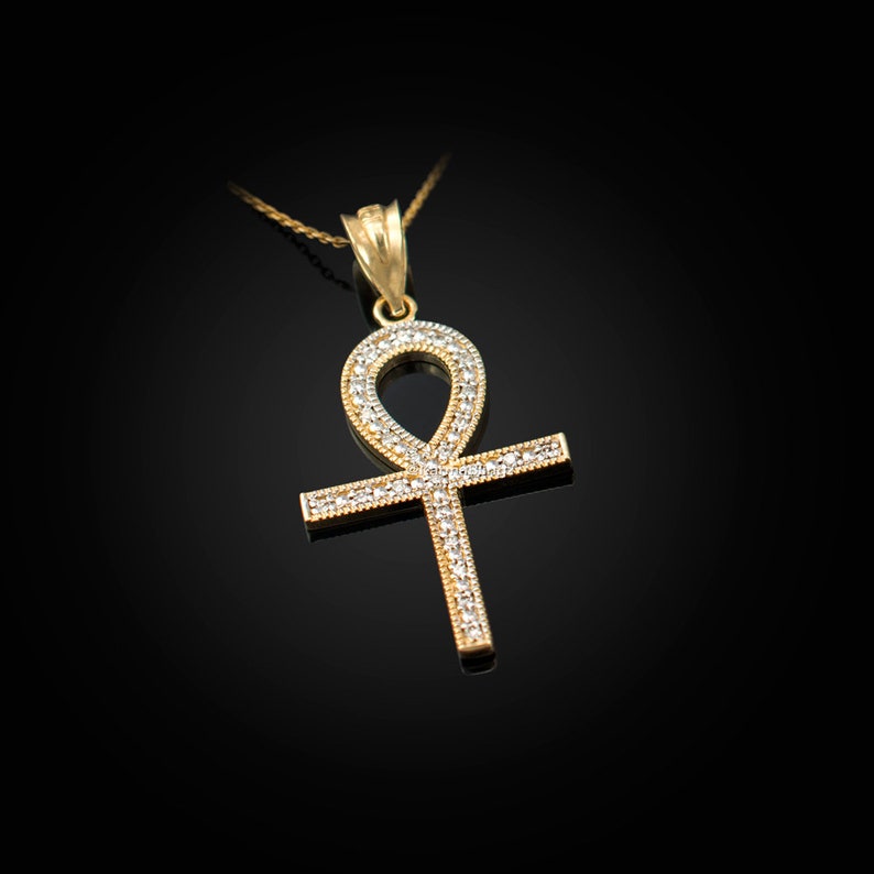 Gold Egyptian Ankh Cross Diamond Pendant Necklace Yellow White Rose 10k 14k