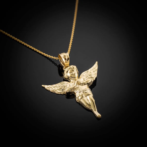 Polished Gold Angel Pendant Necklace Yellow White Rose 10k 14k