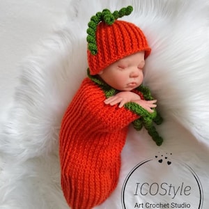 Pumpkin Hat & Cocoon/Baby Halloween Costume/Crochet Baby Pumpkin Outfit|Crochet Newborn Photo Prop|Pumpkin Outfit|Size: Preemie-Newborn-1-3m