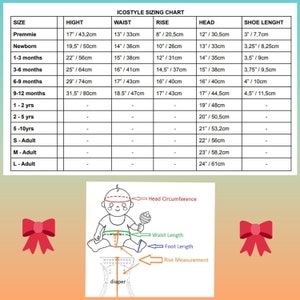 Pode incluir: Um gr&aacute;fico que mostra as recomenda&ccedil;&otilde;es de tamanhos para roupas de beb&ecirc; em polegadas e cent&iacute;metros. O gr&aacute;fico inclui tamanhos para prematuro, rec&eacute;m-nascido, 1-3 meses, 3-6 meses, 6-9 meses, 9-12 meses, 1-2 anos, 2-5 anos, 5-10 anos, S-Adulto, M-Adulto e L-Adulto. O gr&aacute;fico inclui medidas de altura, cintura, eleva&ccedil;&atilde;o, cabe&ccedil;a e comprimento do sapato.