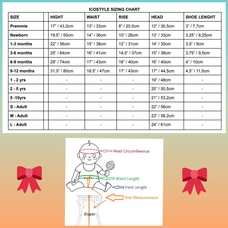 Pode incluir: Um gr&aacute;fico que mostra as recomenda&ccedil;&otilde;es de tamanhos para roupas de beb&ecirc; em polegadas e cent&iacute;metros. O gr&aacute;fico inclui tamanhos para prematuro, rec&eacute;m-nascido, 1-3 meses, 3-6 meses, 6-9 meses, 9-12 meses, 1-2 anos, 2-5 anos, 5-10 anos, S-Adulto, M-Adulto e L-Adulto. O gr&aacute;fico inclui medidas de altura, cintura, eleva&ccedil;&atilde;o, cabe&ccedil;a e comprimento do sapato.