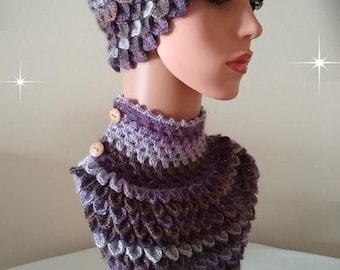 Bonnet pour femme au crochet, Bonnet d'hiver pour femme, Bonnet et col au crochet, Bonnet en écailles de dragon, Bonnet près du corps, Bonnet en crocodile, Cadeau.