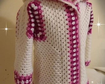 Crochet Cardigan, Crochet hoodie, Hoodie with pompom. Size: 2-4 years.