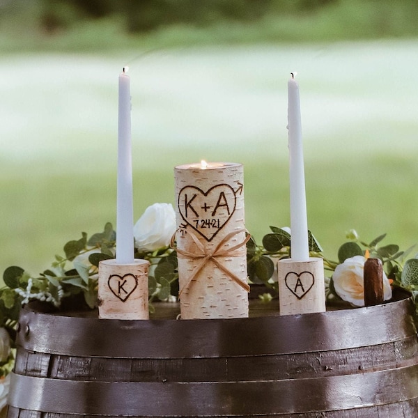 Birch Wood Unity Candle, Personalized Wedding Unity Candle Set, Handmade Unity Candle, Rustic Wedding, Birch Candle, Wood Unity Candle,