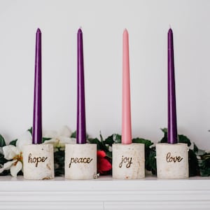 Christmas Advent Wreath, Birch 4 piece Advent Wreath Set, Colored Holiday Taper Candle Holders, Hope Peace Joy Love Candles, Handmade