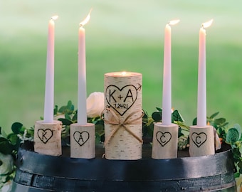 Family Birch Unity Candle Set, Handmade Rustic Unity Candle Set for Families, 5 Piece Unity Candle, Wedding Family Candle