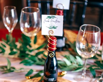 Wine Bottle Place Card Holders, Set of 5, Handmade Champagne Bottle Card Holders, Table Number Holder, Photo Holder