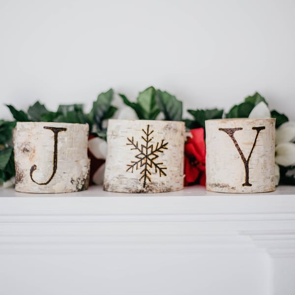 JOY Rustic Birch Log Tealight Candle Holder, Set Of 3 Christmas Candles,  Holiday Decor