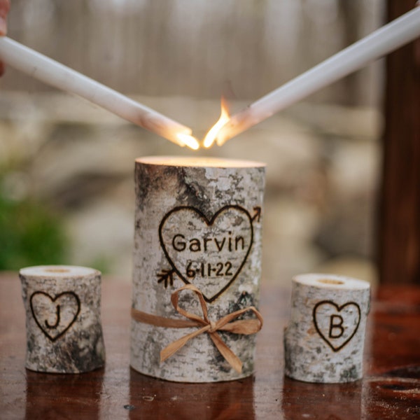 Personalized Last Name Rustic Birchwood Wedding Unity Candle Set, Handcrafted Unity Candles, Rustic Wedding Ceremony Decoration