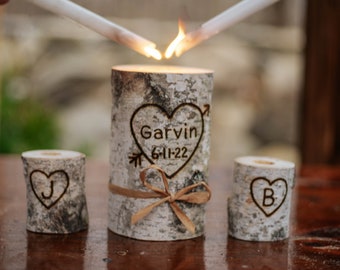 Personalized Last Name Rustic Birchwood Wedding Unity Candle Set, Handcrafted Unity Candles, Rustic Wedding Ceremony Decoration