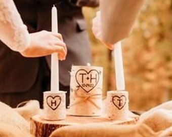 Personalized Birch Wood Unity Candle Set, Handmade Rustic Wedding Centerpiece, Customized Unity Candles