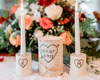 Personalized Last Name Rustic Birchwood Wedding Unity Candle Set, Handcrafted Unity Candles, Rustic Wedding Ceremony Decoration