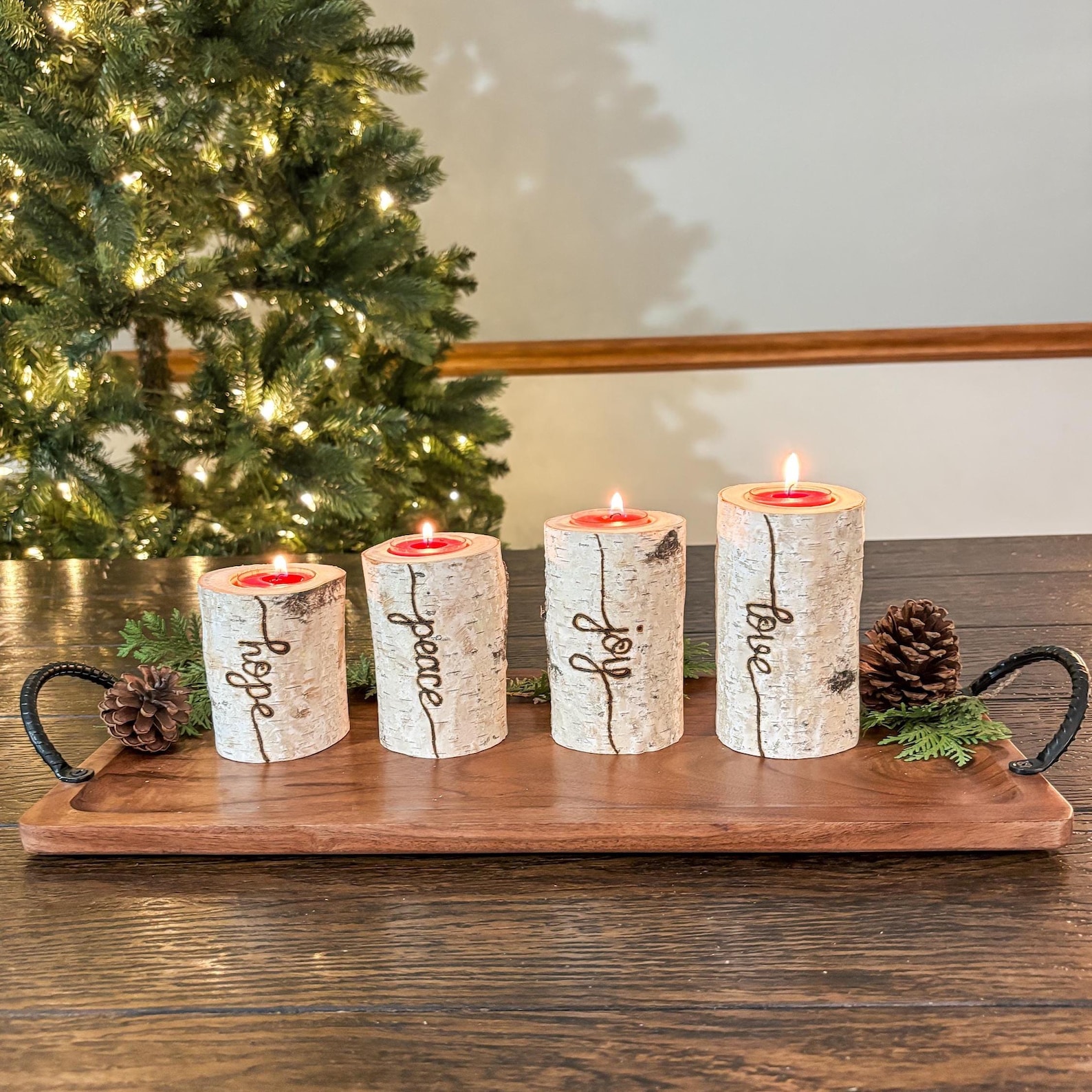 Christmas Advent Wreath, Set of Four Birch Candles with Words Peace, Hope, Love, Joy, 4 Candle Farmhouse Advent Set, Includes Advent Candles