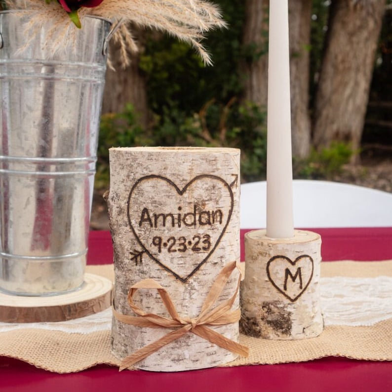 Personalized Last Name Rustic Birchwood Wedding Unity Candle Set, Handcrafted Unity Candles, Rustic Wedding Ceremony Decoration Bild 5
