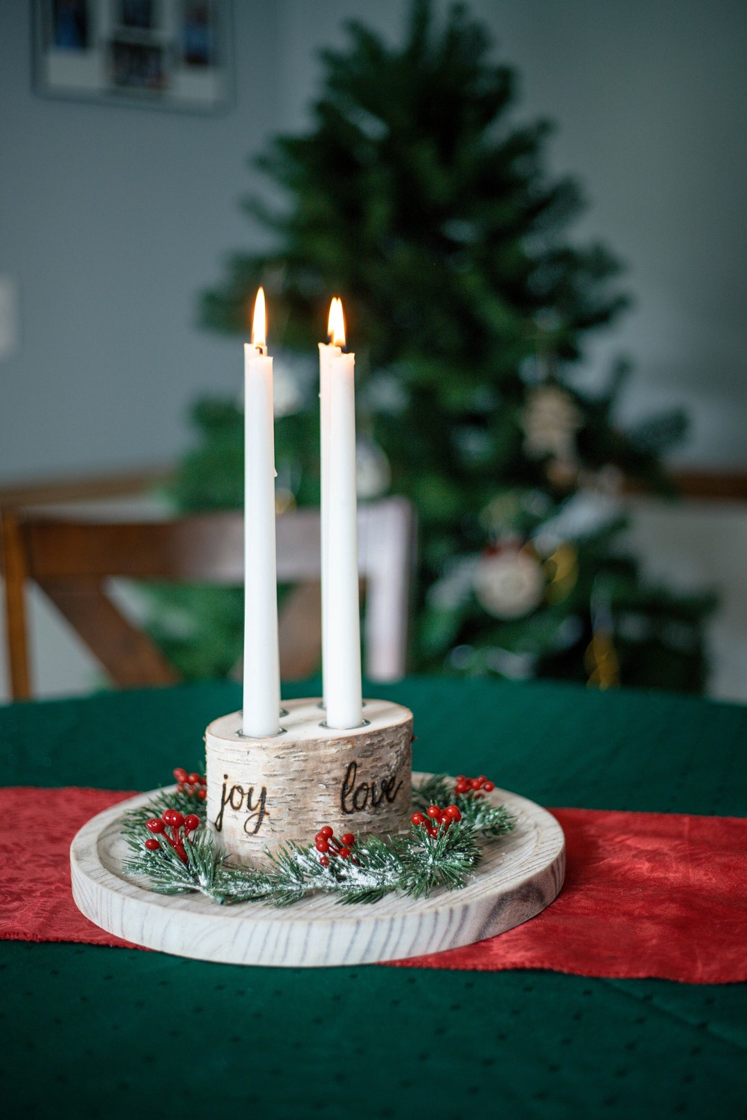 Birch Log Advent Wreath With 4 White Candles, Holiday Taper Candle