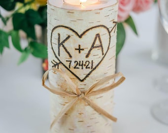 Birch Wood Candle Holder, Handmade Rustic Wedding Candle, Personalized Gift, Birch Wedding Centerpiece, Wedding Gift