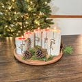 Christmas Advent Wreath, Set of Five Birch Candles with Colored Candles, Burned with Advent Words Hope, Joy, Peace, Love, Christ